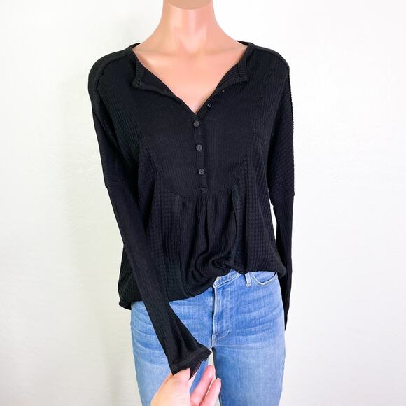 Gibsonlook Mixed Rib Waffle Knit Henley Long Sleeve Shirt Black size XS NEW - Picture 1 of 12